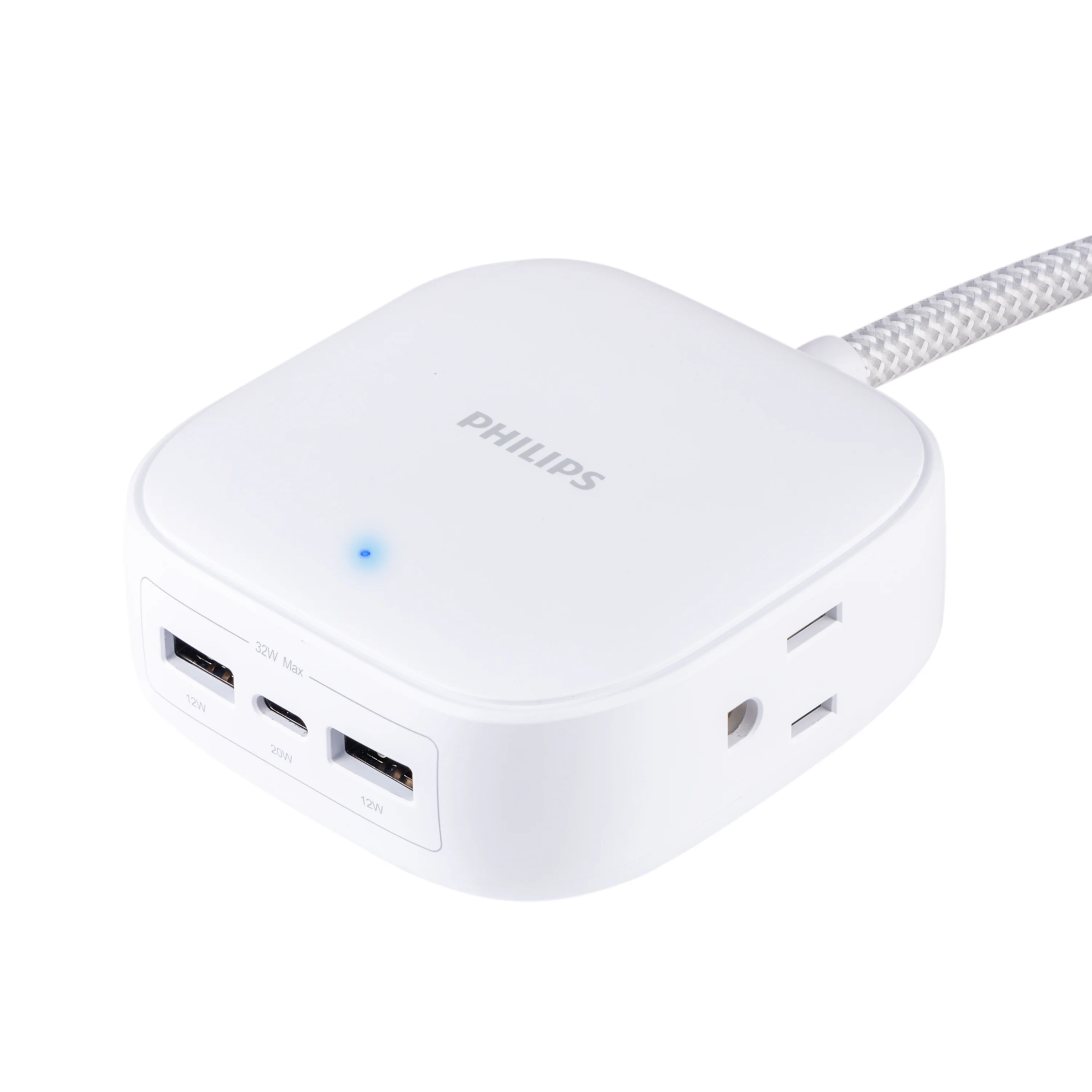 Philips Desktop Charging Hub, 2 outlets, 2 USB-A, 1 USB-C, 5ft. Braided Cord, White - Image 7