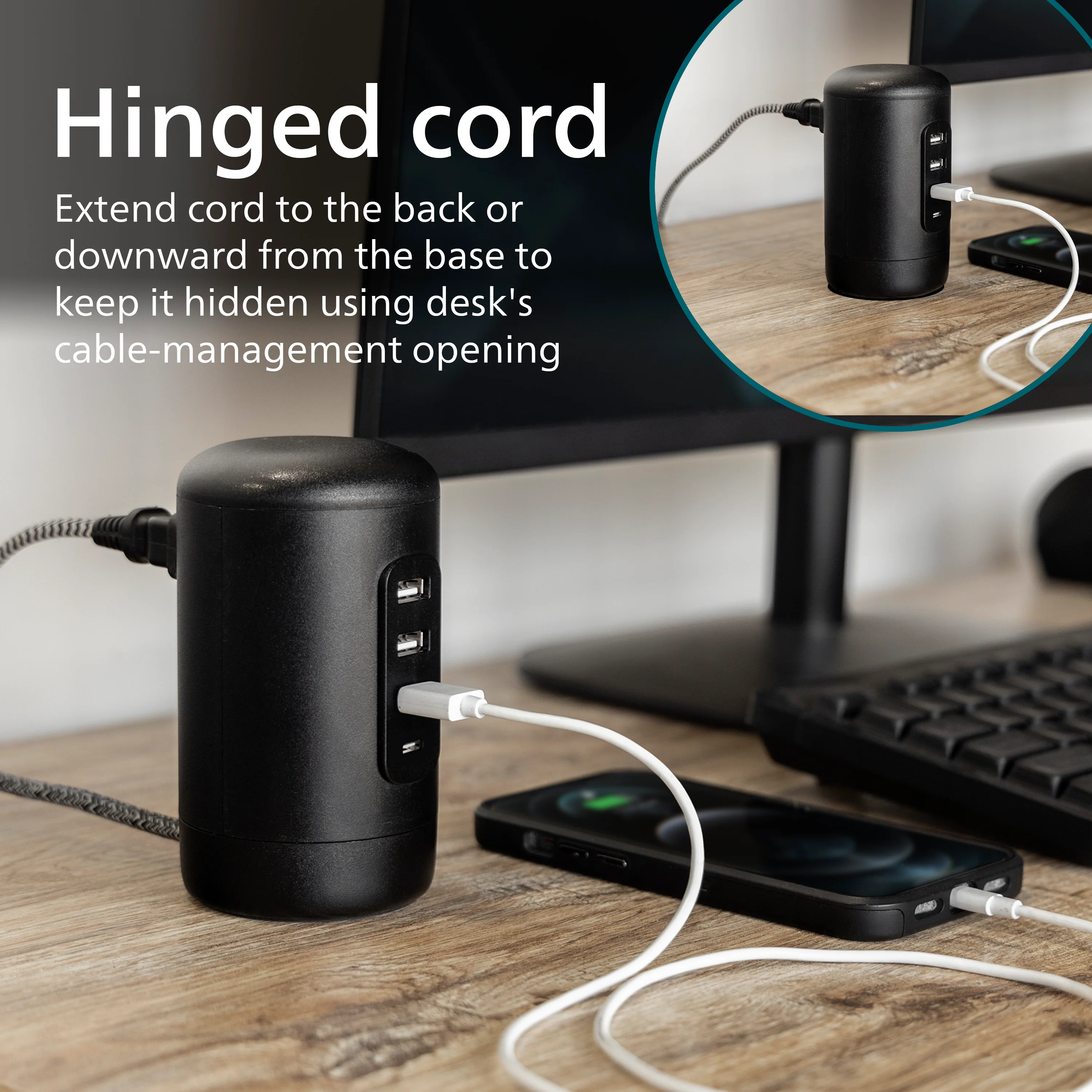 Philips Desktop Power Hub, 2 outlets, 3 USB-A, 1 USB-C, 5ft. cord, black - Image 3