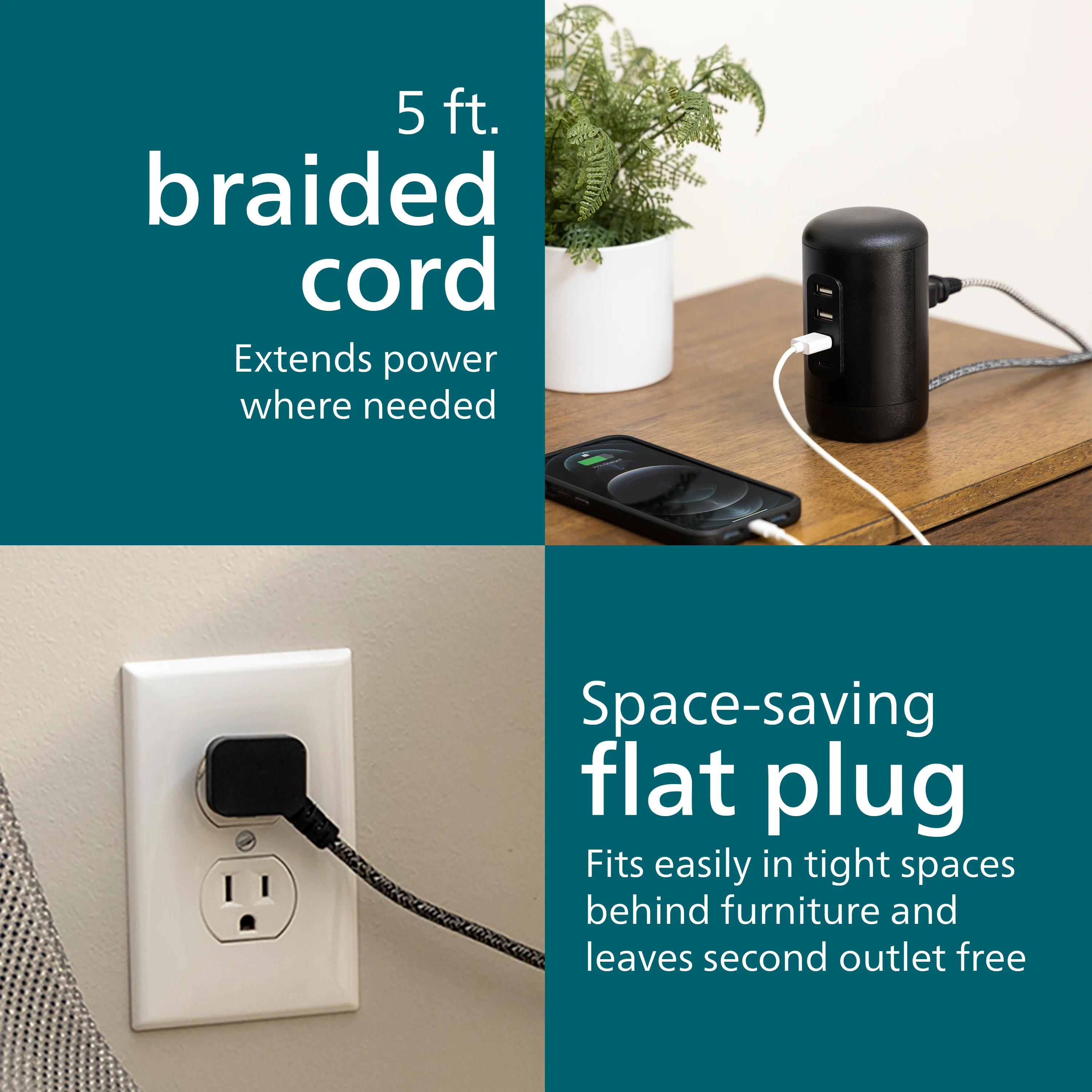 Philips Desktop Power Hub, 2 outlets, 3 USB-A, 1 USB-C, 5ft. cord, black - Image 6