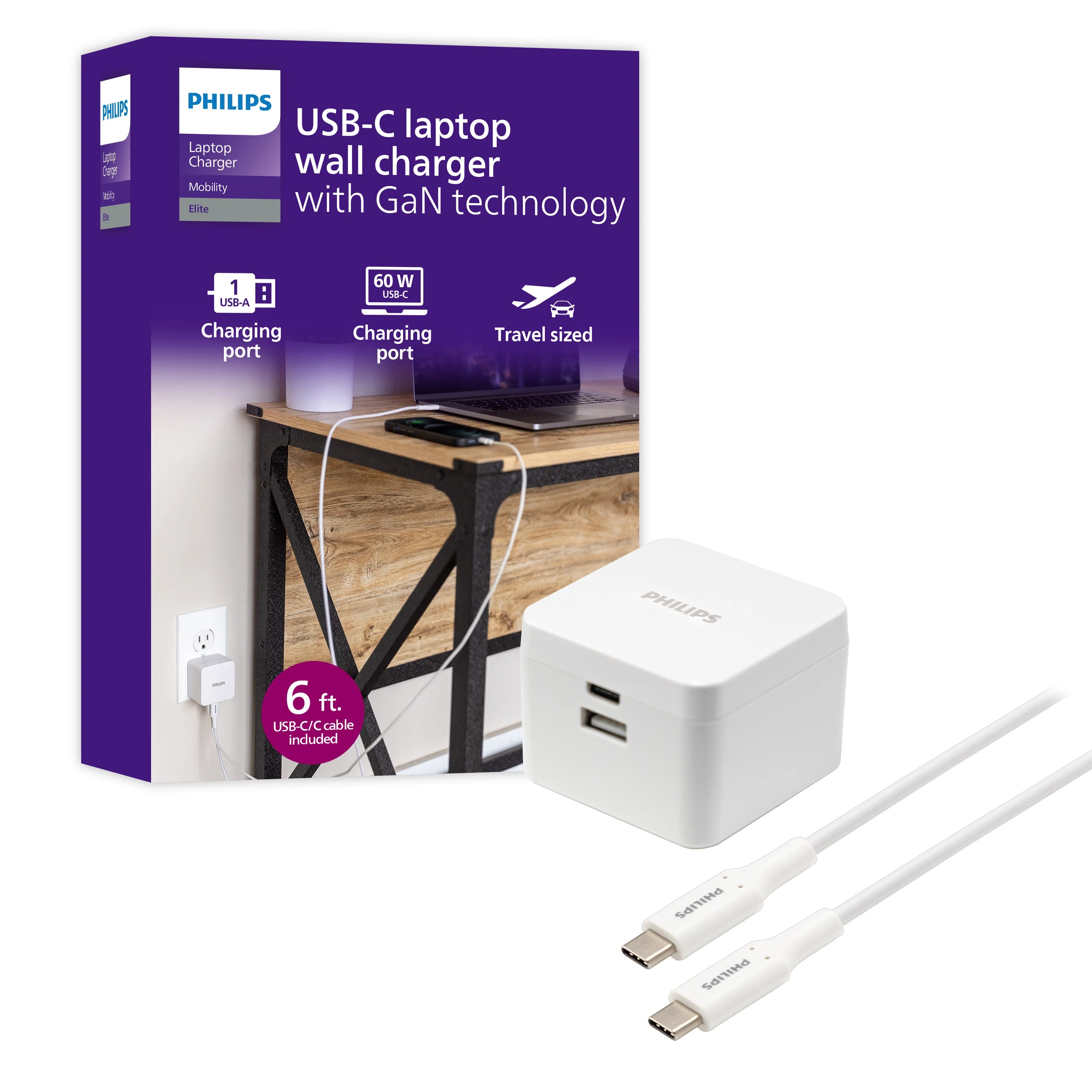 Philips Dual Port USB-C Laptop Wall Charger, White - Image 2