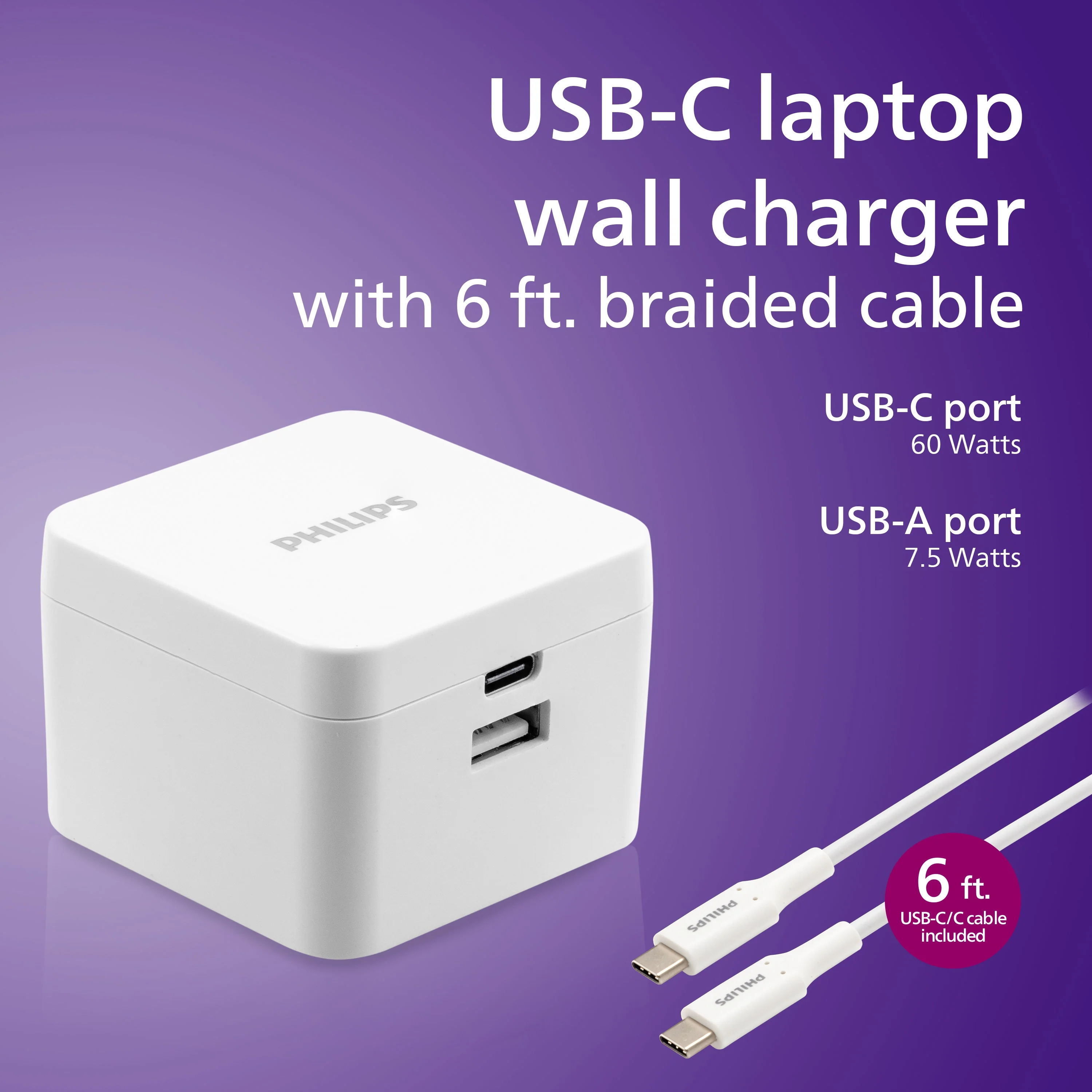 Philips Dual Port USB-C Laptop Wall Charger, White - Image 3