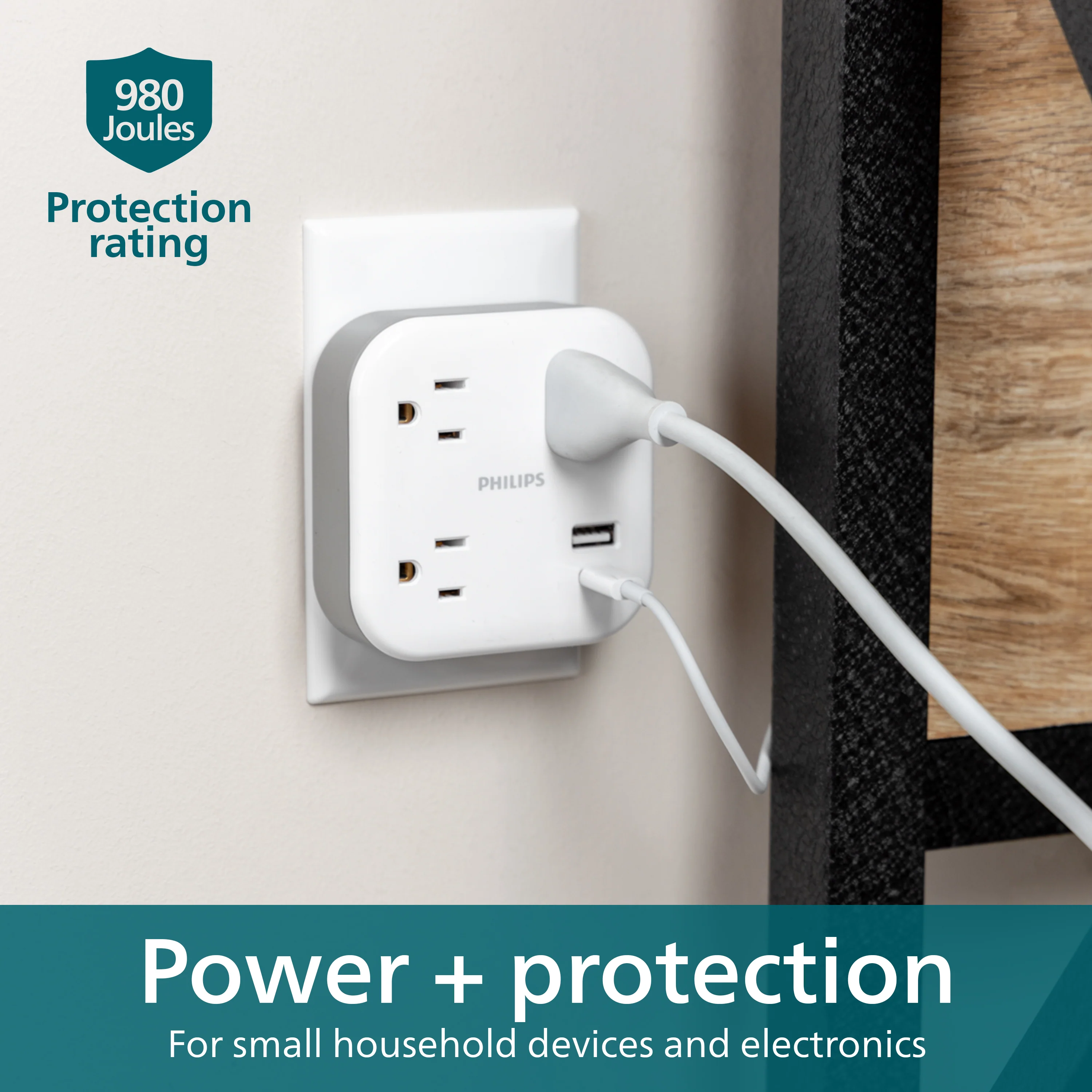 Philips EZFit 3-Outlet Surge Outlet Extender with USB, 1 USB-A, 1 Type-C, 2 Pack, White - Image 5
