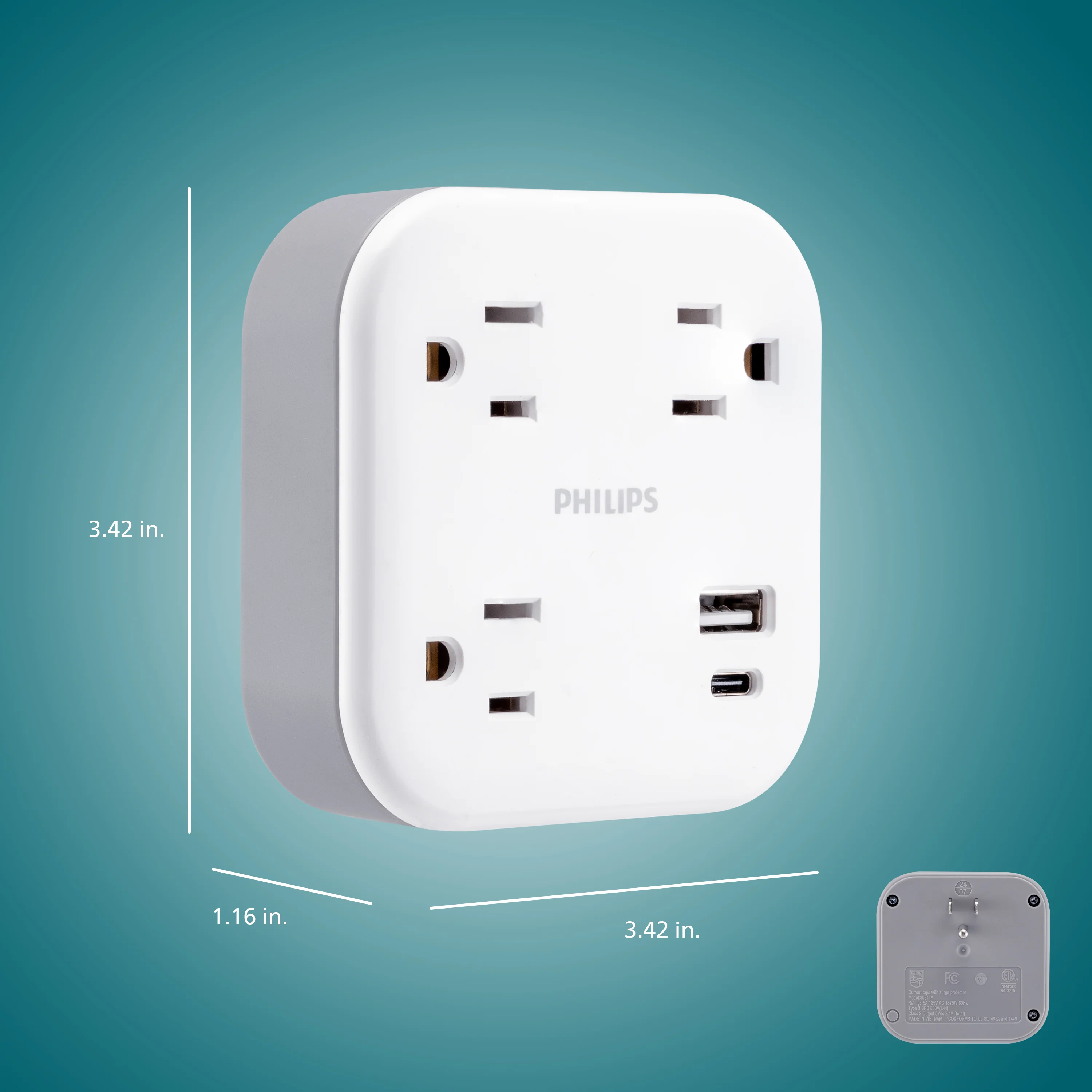 Philips EZFit 3-Outlet Surge Outlet Extender with USB, 1 USB-A, 1 Type-C, 2 Pack, White - Image 6