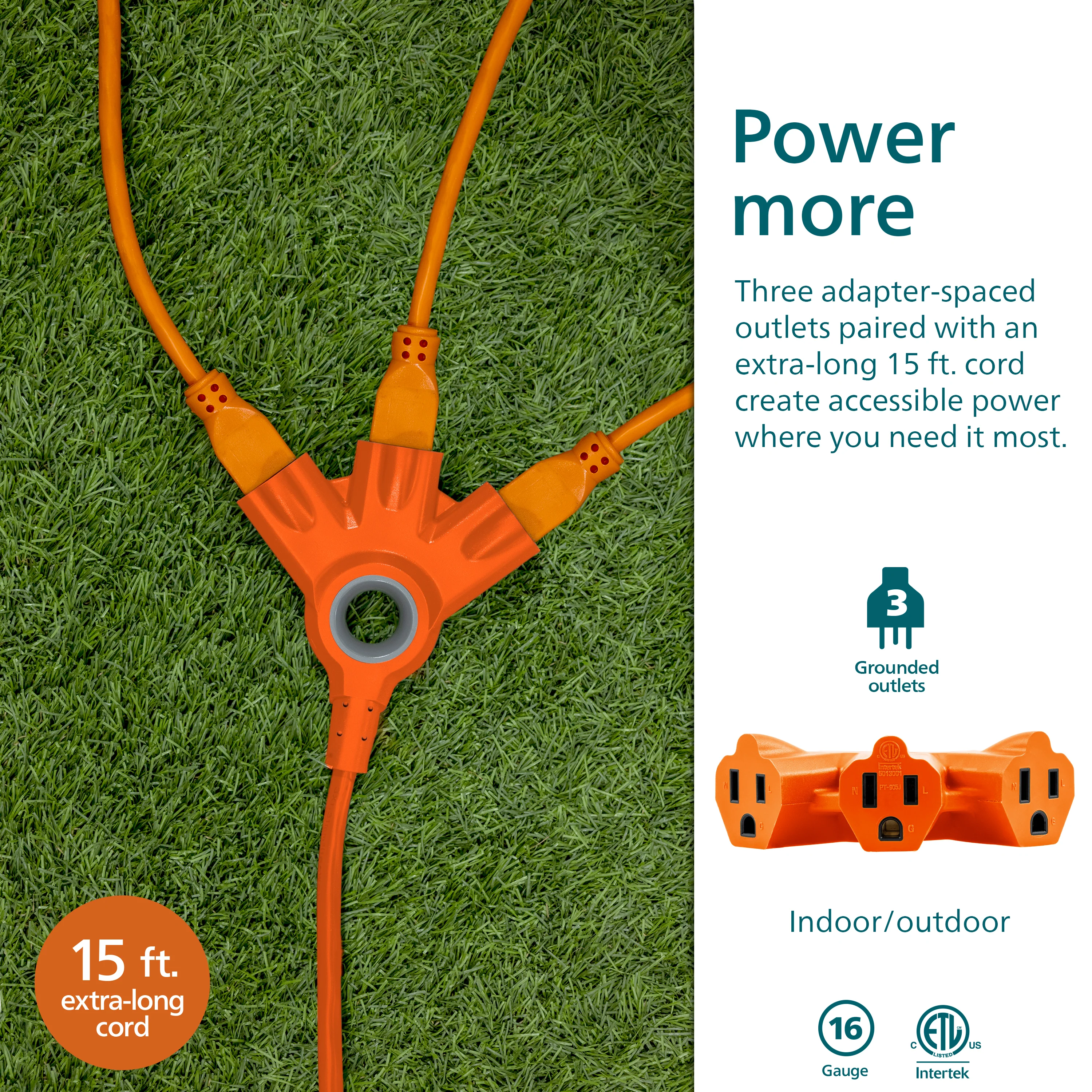 Philips EZGrip™ 3-Outlet 15ft. Indoor/Outdoor Extension Cord, Orange - Image 3