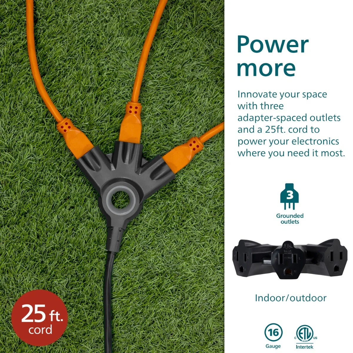 Philips EZGrip™ 3-Outlet 25ft Indoor/Outdoor Extension Cord, Black - Image 3
