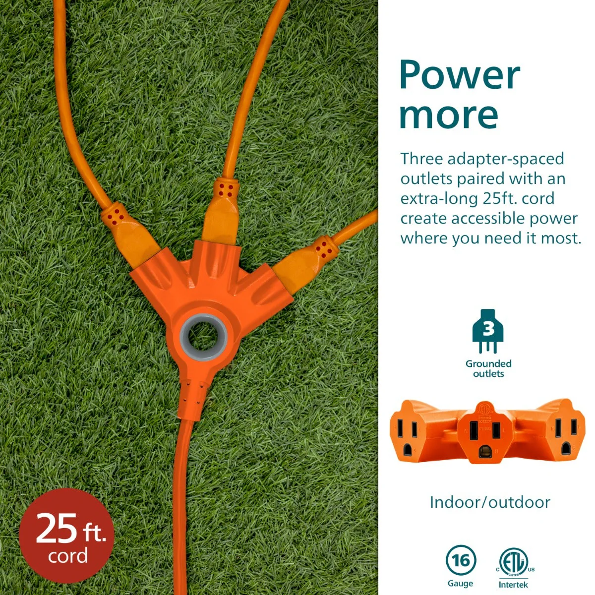 Philips EZGrip™ 3-Outlet 25ft. Indoor/Outdoor Extension Cord, Orange - Image 3