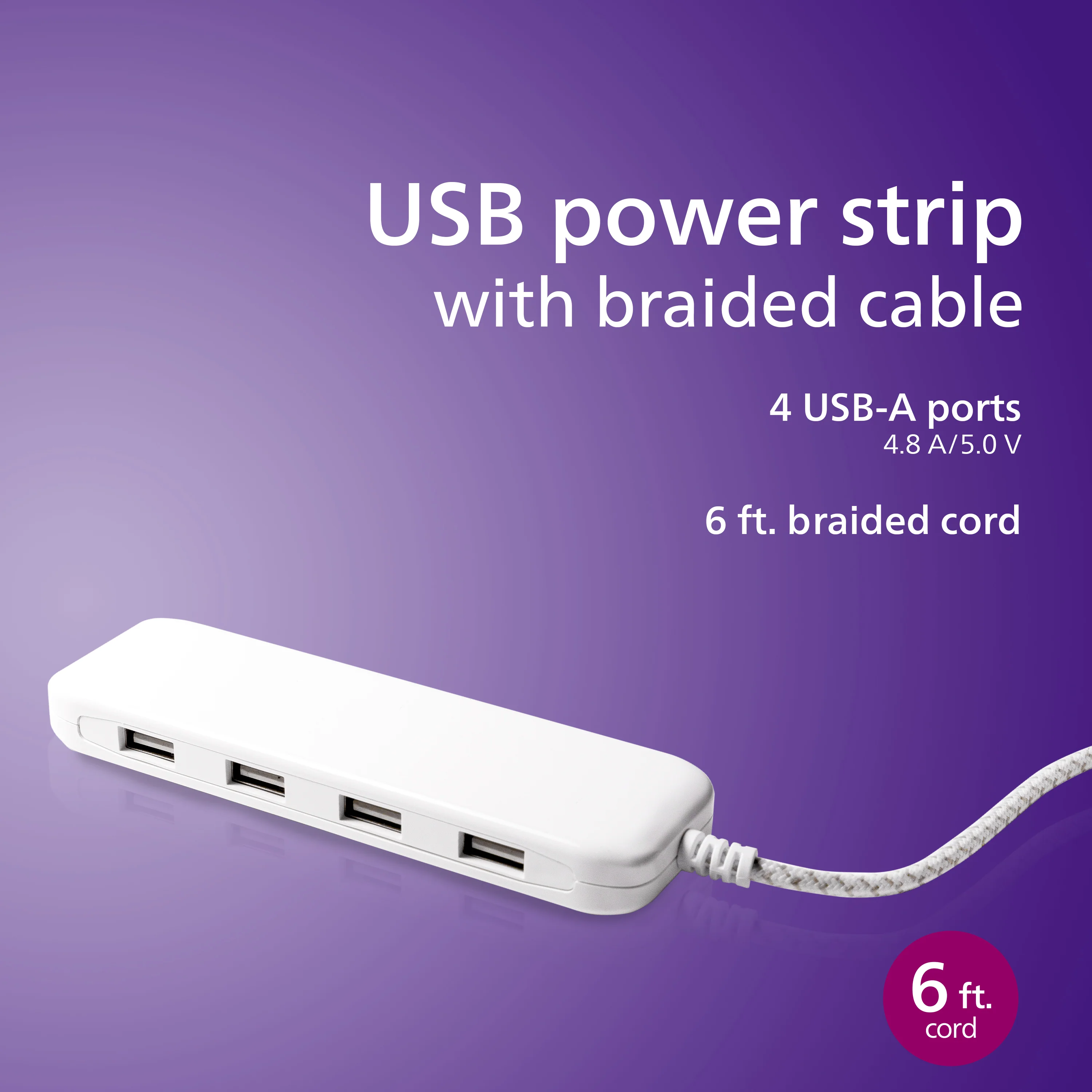 Philips USB Extension Bar, 4 USB-A ports, 4.8A, 24W, 6ft Braided Cord, White - Image 2