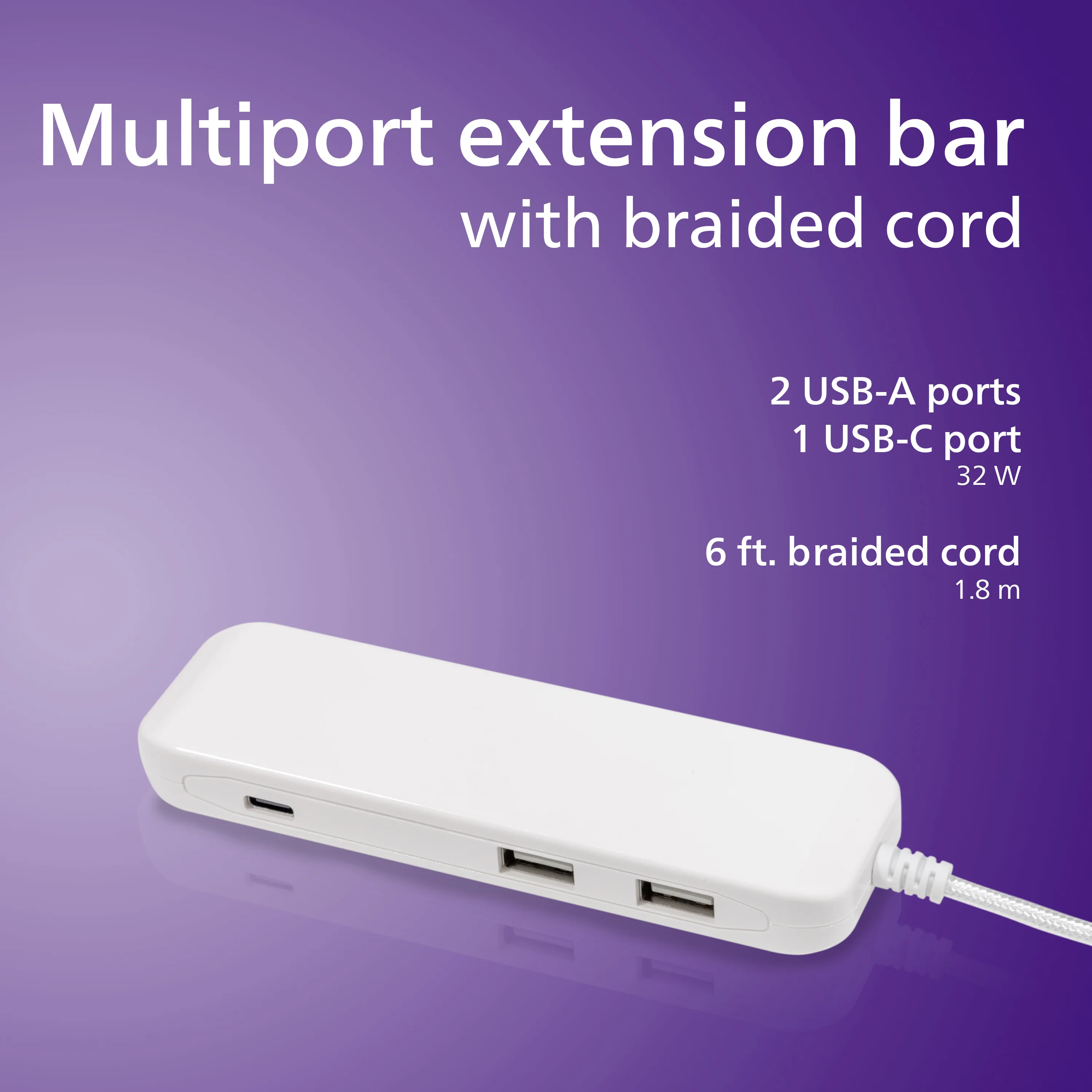 Philips USB Extension Bar, 3 ports, 2 USB-A ,1 20W USB-C, 32W Total, 6ft. Cable, White - Image 3