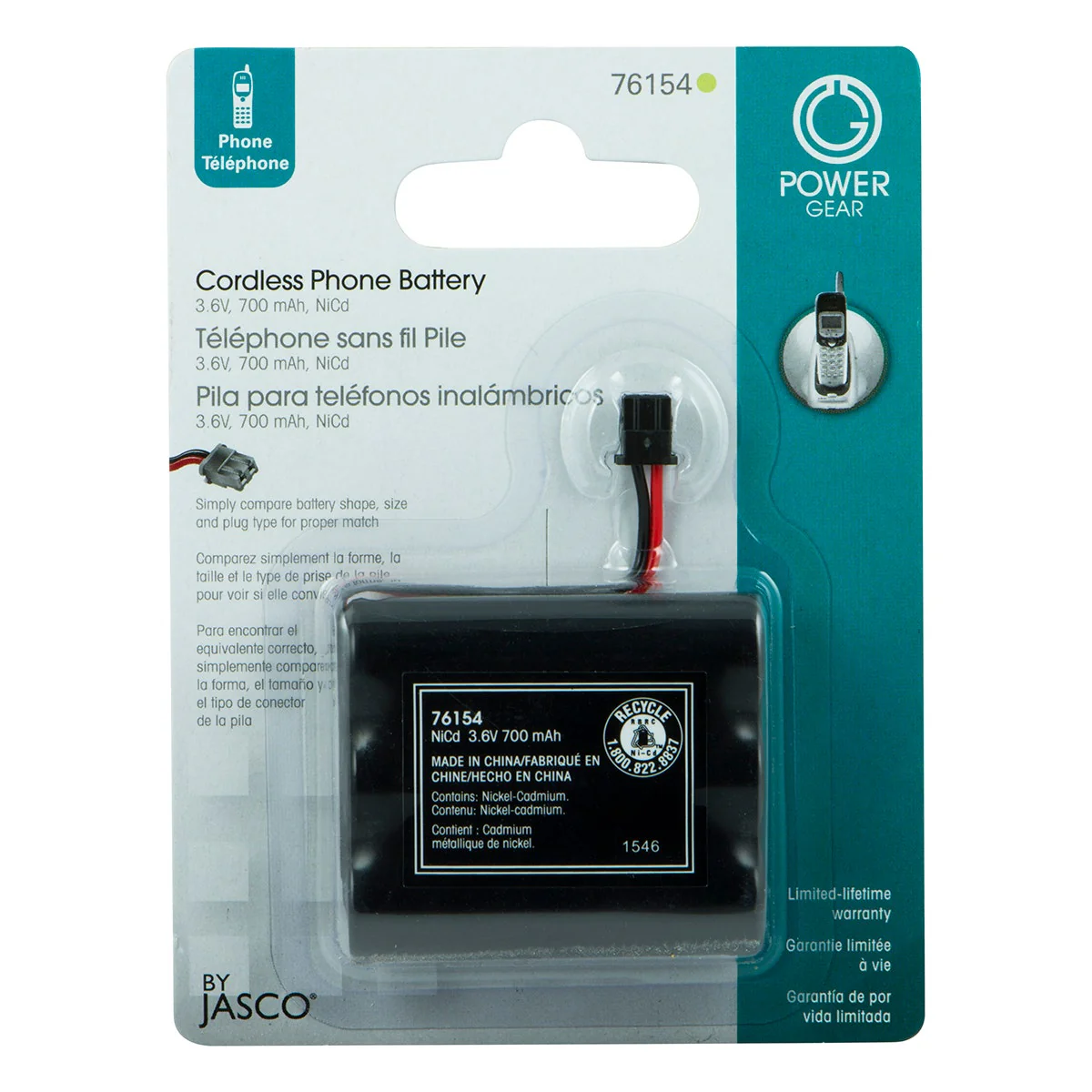 Power Gear Rechargeable, Cordless Phone Battery, 3.6V, 700mAh, NiMH, Black - Image 3