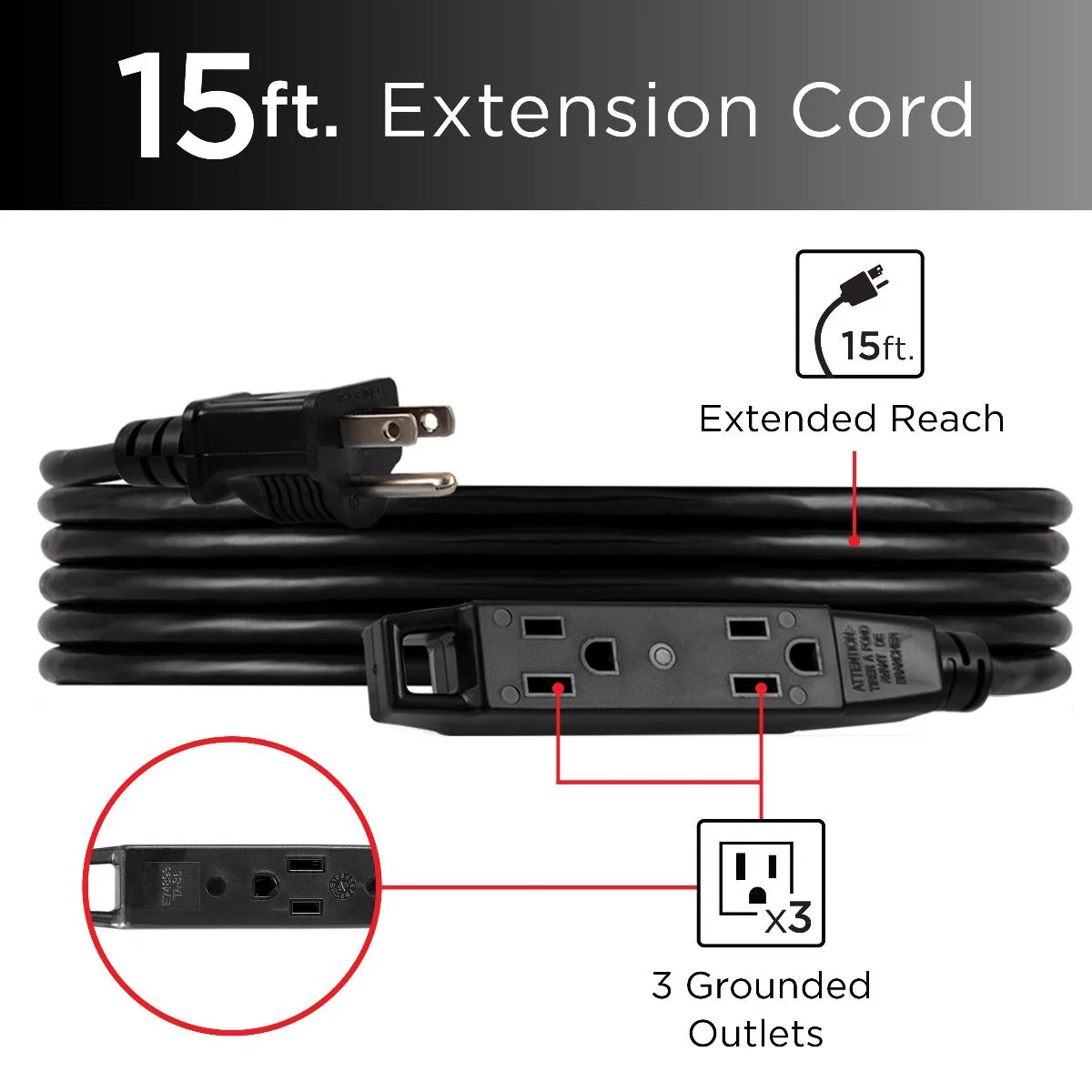 UltraPro 3-Outlet 15ft. Heavy Duty Indoor/Outdoor Extension Cord, 2 Pack, Black - Image 7