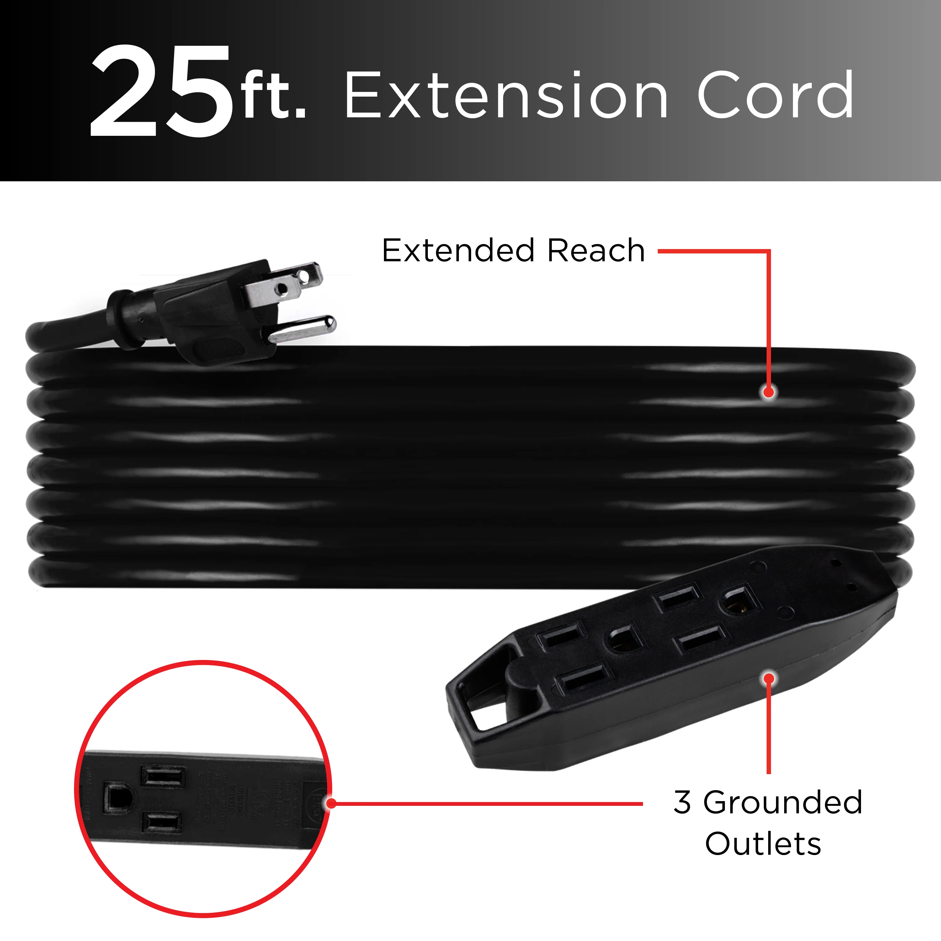 UltraPro 25ft. 3-Outlet Grounded Extension Cord, 2 Pack, Black - Image 3