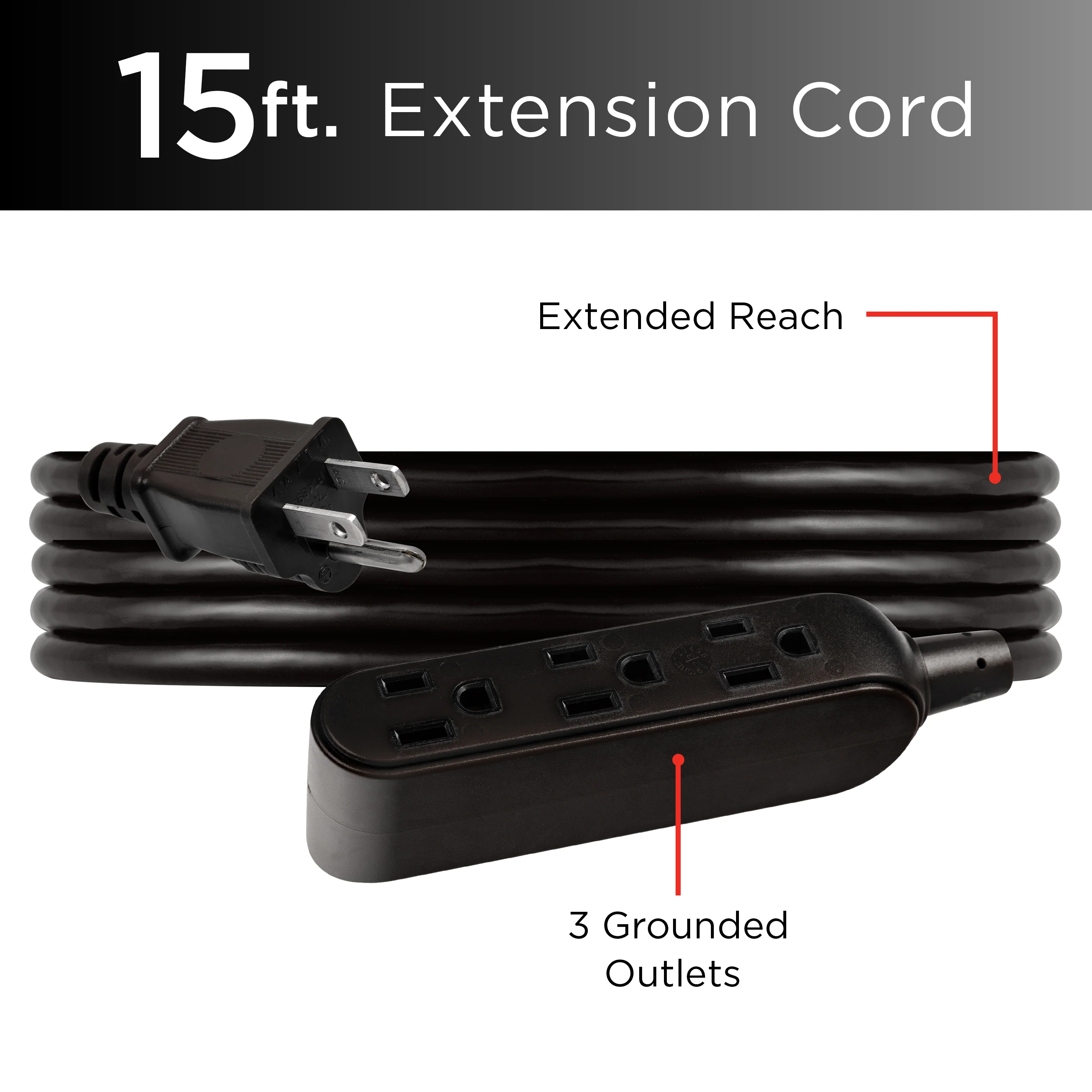 UltraPro 15ft. Outdoor Extension Cord, 3 Grounded Outlet, Black - Image 3